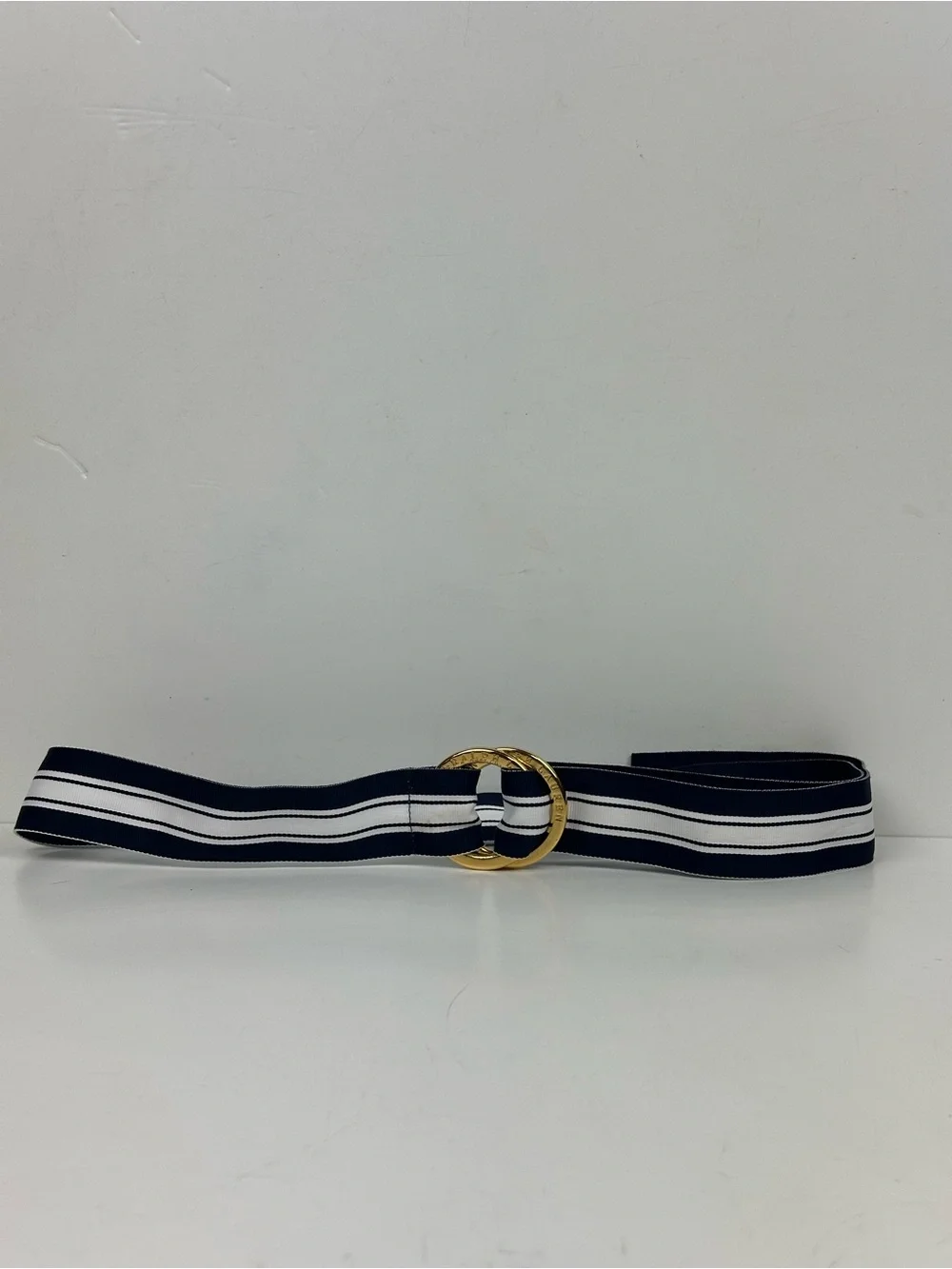 Lauren Ralph Lauren Navy and White Striped Ribbon Belt with Gold Ring